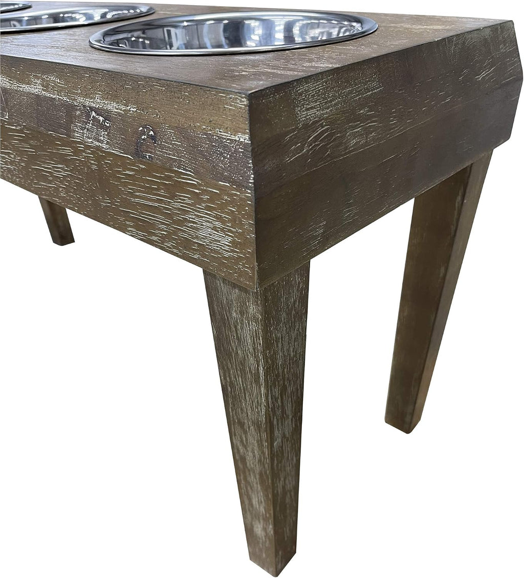 | 3 Bowl Dog Feeder - Aluminum Bowls - Washed Oak Finish - Raised Dog Feeder - 16 inch Tall - Brown