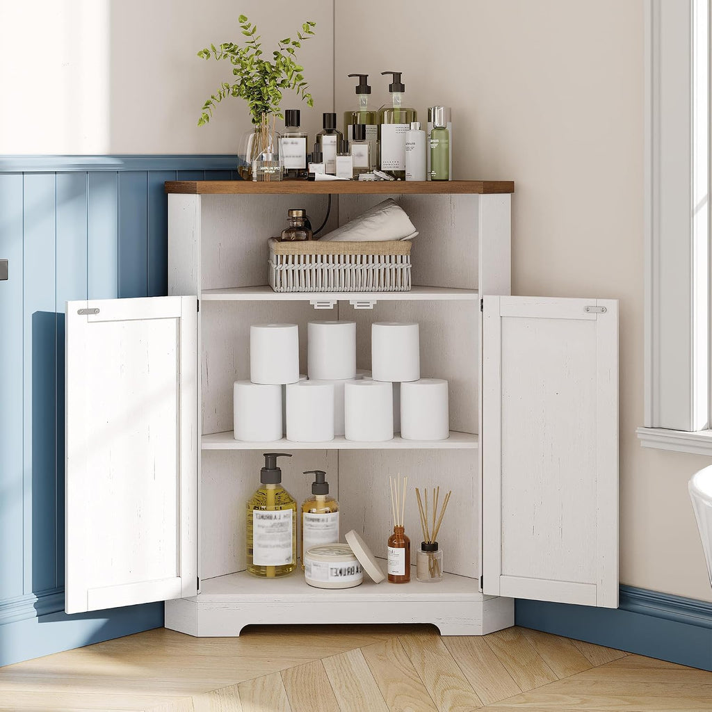 Vabches Farmhouse Corner Cabinet with Charging Station,Small Corner Storage Cabinet with Barn Doors and Adjustable Shelves for Living Room,Bathroom,and Kitchen