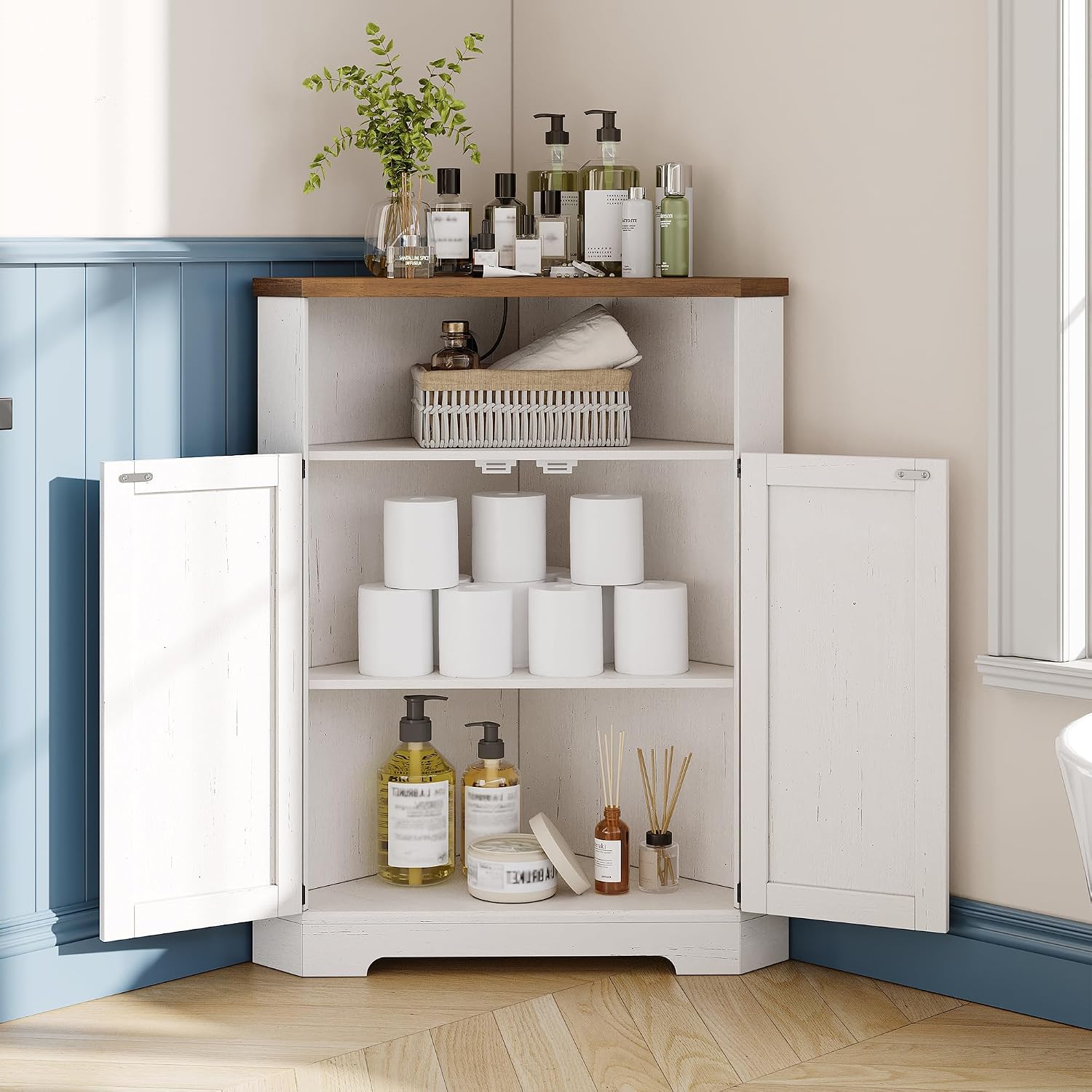 Vabches Farmhouse Corner Cabinet with Charging Station,Small Corner Storage Cabinet with Barn Doors and Adjustable Shelves for Living Room,Bathroom,and Kitchen