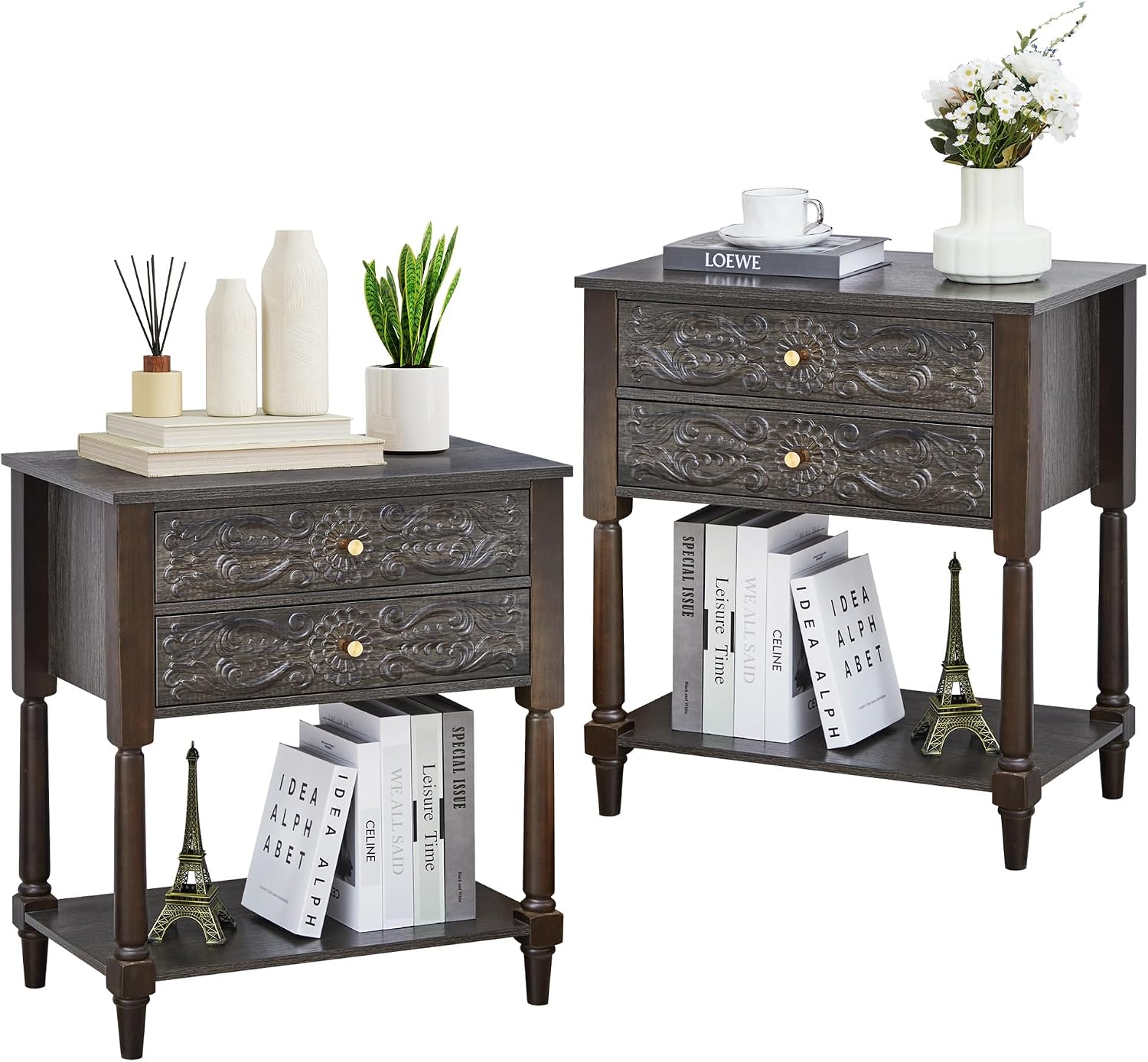 Nightstand, Farmhouse Bedside Table with 2 Drawers and Open Shelf, Wood Sofa Side Table End Table Accent Dresser for Bedroom, Living Room (with Shelf, Black Brown)