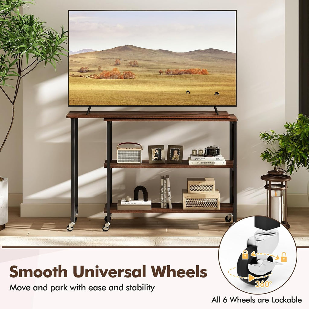 Giantex 360° Free Rotating Sofa Side Table, Patented Mobile End Table with 2-Tier Storage Shelves, 6 Universal Casters, Movable Laptop Tables for Snack, Couch, Walnut
