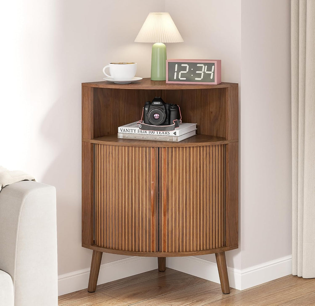 Bathroom Corner Storage Cabinet, 31.5''H Small Floor Corner Cabinet with 2 Fluted Doors and Shelves, Freestanding Narrow Cabinets Organizer for Living Room, Kitchen (Walnut, 31.5''H)