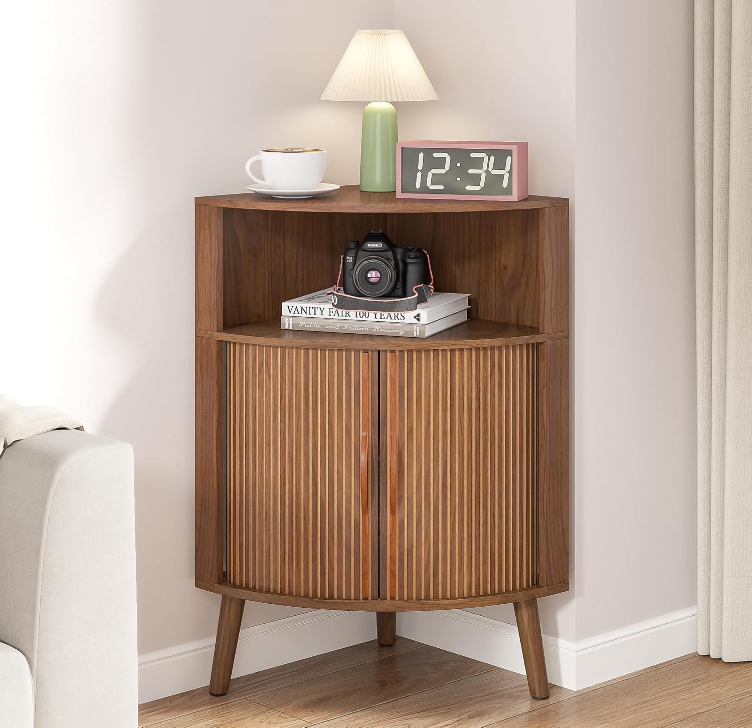 Bathroom Corner Storage Cabinet, 31.5''H Small Floor Corner Cabinet with 2 Fluted Doors and Shelves, Freestanding Narrow Cabinets Organizer for Living Room, Kitchen (Walnut, 31.5''H)