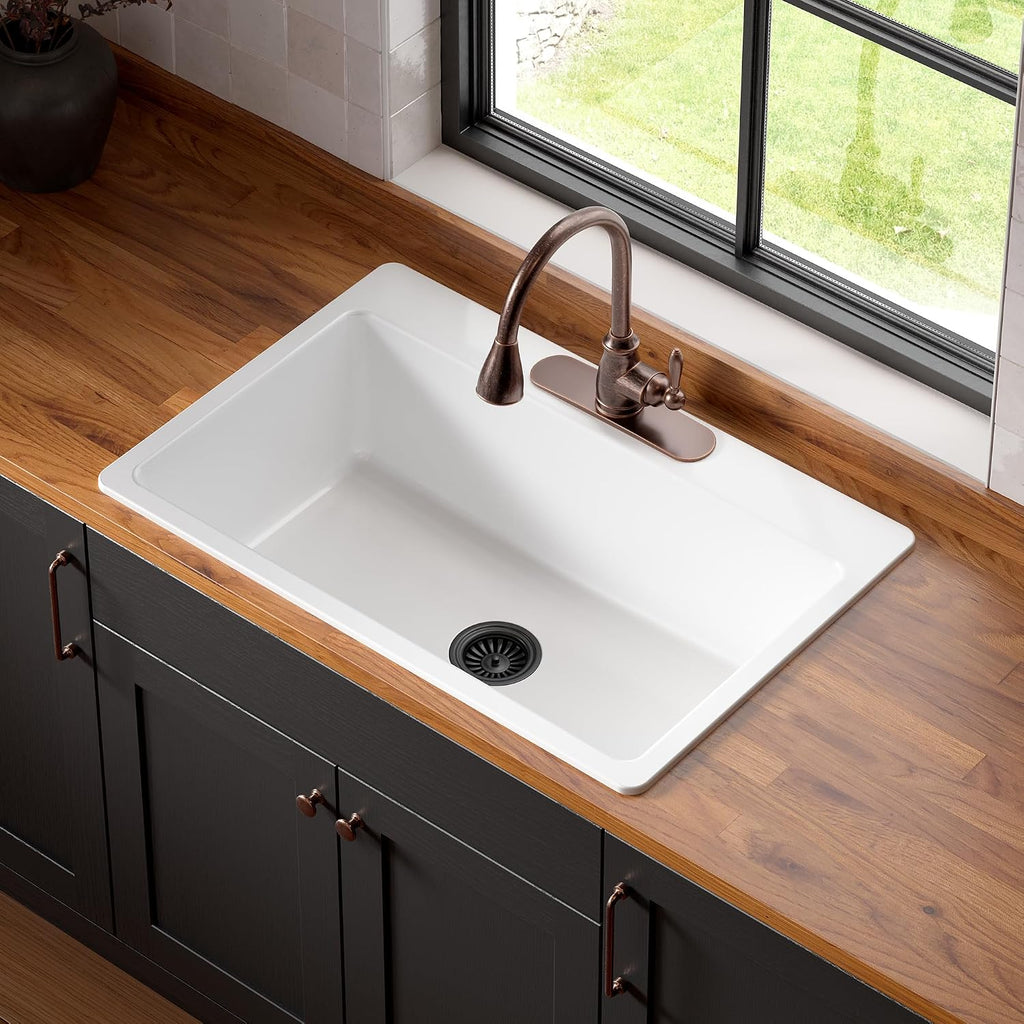 Sinkology Jackson 33 Inch Drop-In Fireclay Kitchen Sink White Single Bowl – Deep Basin, 3 Pre-Drilled Faucet Holes, Fits 36 Inch Cabinet
