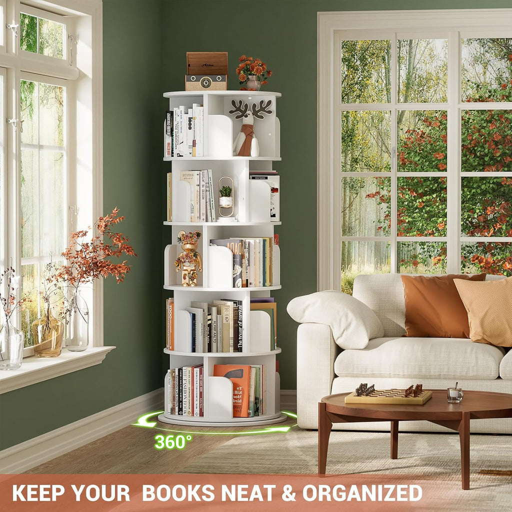 Besiost Rotating Bookshelf Tower, 5 Tier Spinning Bookcase, Revolving 360 Book Shelf Narrow Tall Bookcase, Vertical Turning Round Bookshelf Organizer, Wood Corner Book Shelf for Small Space, White