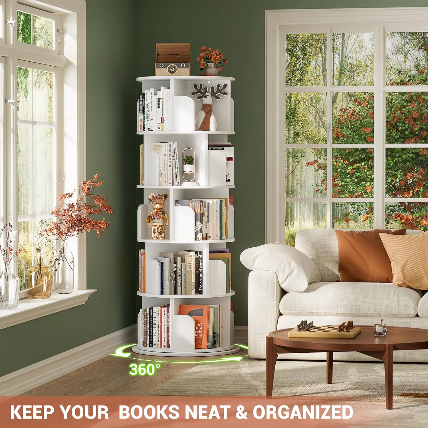 Besiost Rotating Bookshelf Tower, 5 Tier Spinning Bookcase, Revolving 360 Book Shelf Narrow Tall Bookcase, Vertical Turning Round Bookshelf Organizer, Wood Corner Book Shelf for Small Space, White
