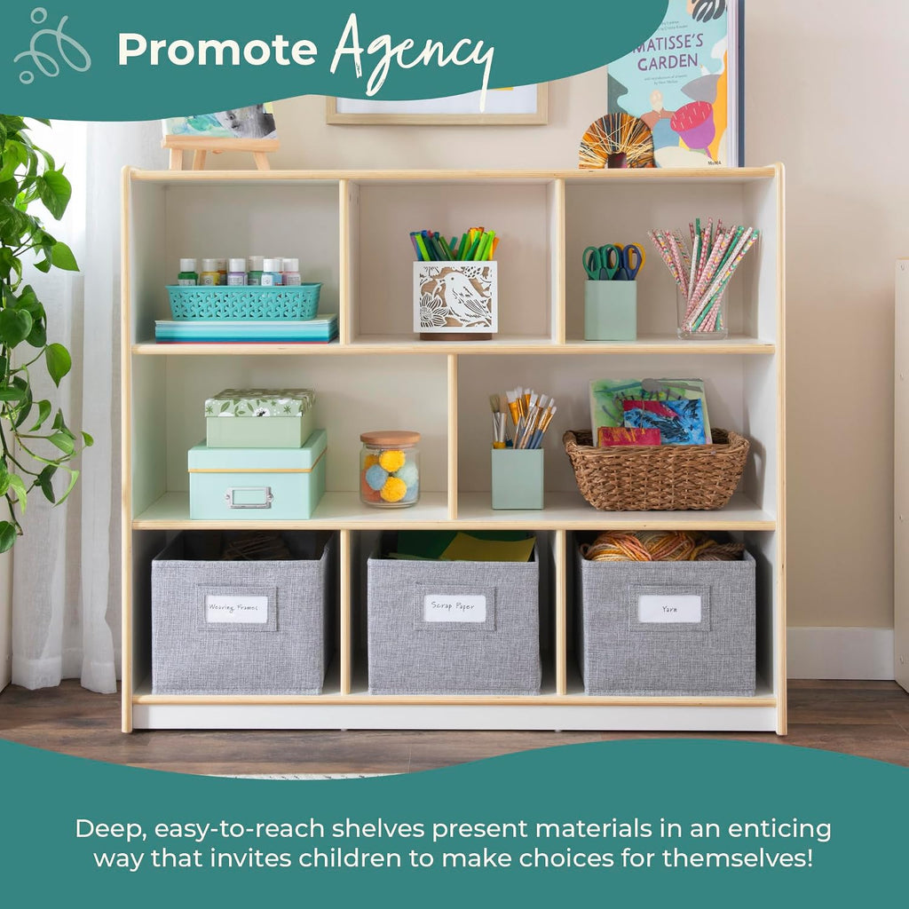 Guidecraft EdQ Three Shelf Compartment Storage White with 3 Fabric Bins: Wooden Bookshelf and Toy Organizer for Kids, Storage Unit for Homeschool and Classroom