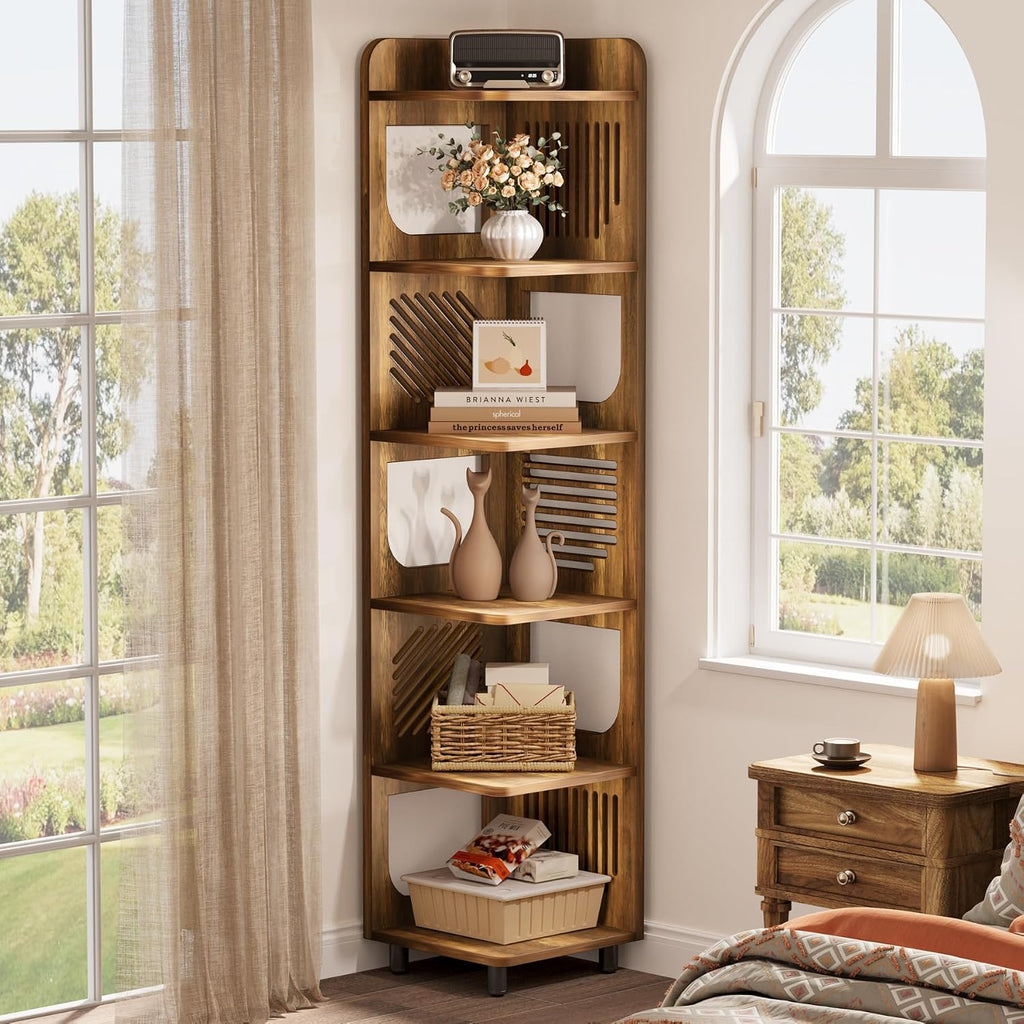 Tribesigns 6-Tier Tall Corner Shelf, 71-Inch Rustic Narrow Corner Bookshelf Bookcase with Square Rack, Freestanding Corner Display Storage Shelf Organizer for Living Room, Kitchen, Office, Yellow