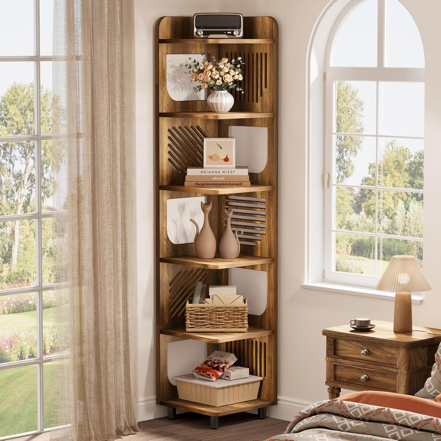 Tribesigns 6-Tier Tall Corner Shelf, 71-Inch Rustic Narrow Corner Bookshelf Bookcase with Square Rack, Freestanding Corner Display Storage Shelf Organizer for Living Room, Kitchen, Office, Yellow