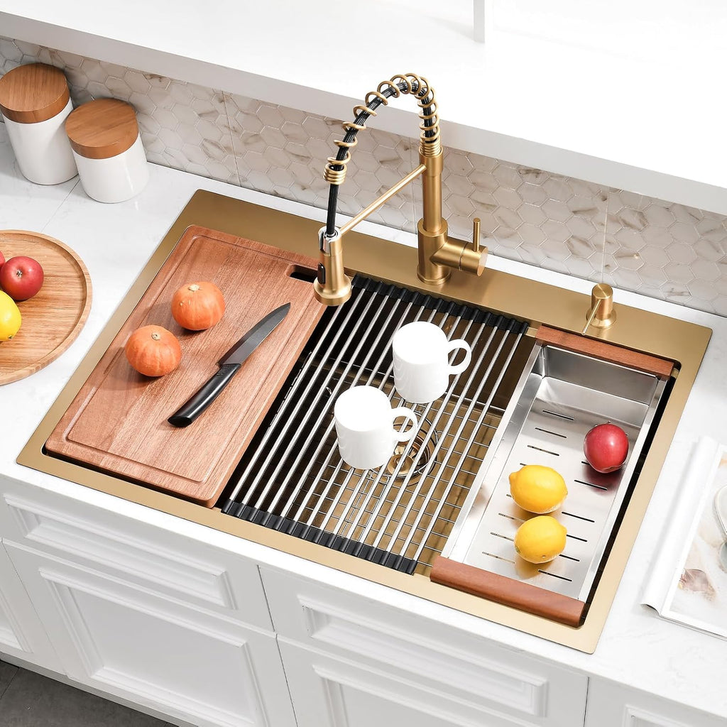 33x19 Inch Gold Drop In Kitchen Sink with Faucet - Brushed Finish Stainless Steel Single Bowl Workstation Sinks, Includes Accessories Set, Easy to Install for Home & Restaurant