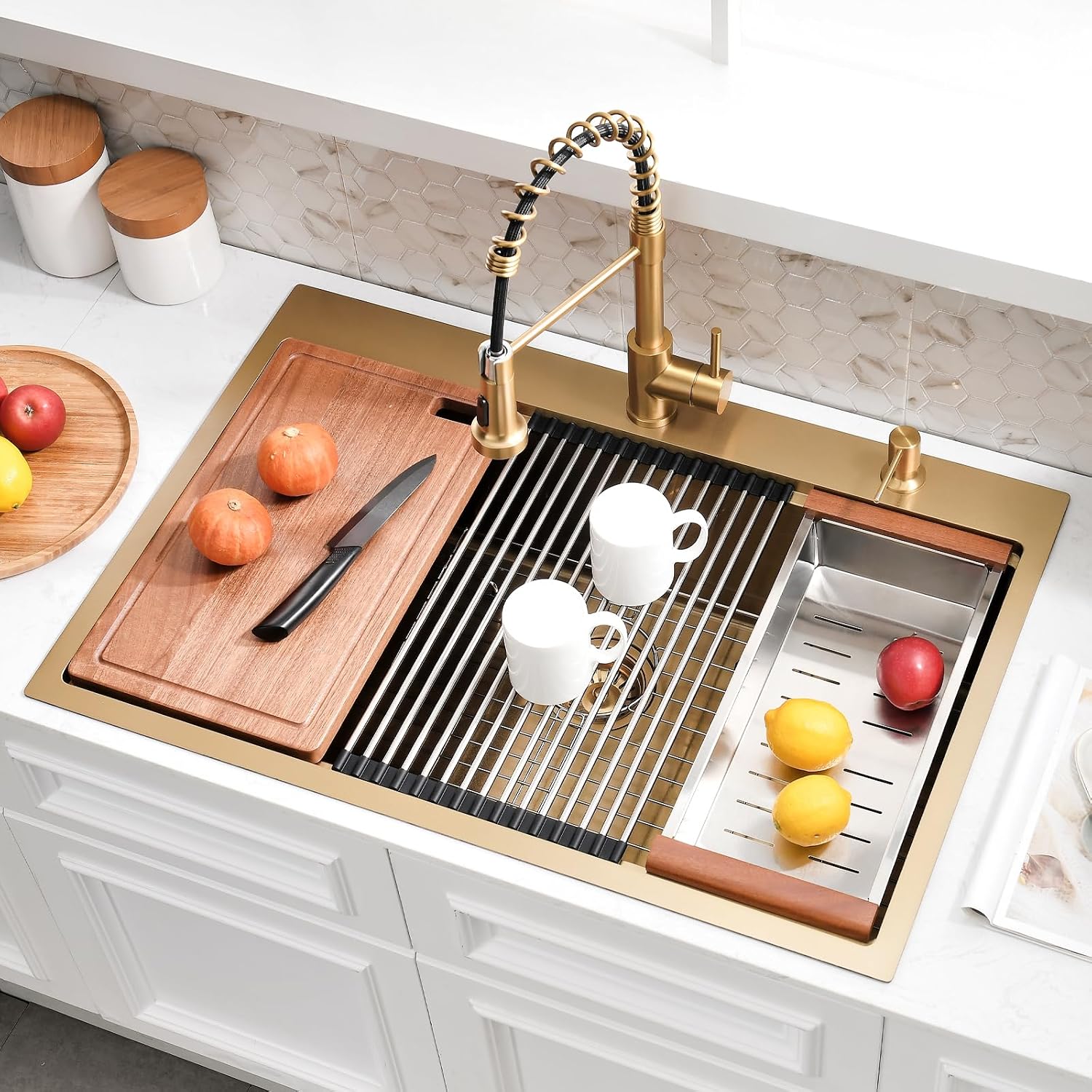 33x19 Inch Gold Drop In Kitchen Sink with Faucet - Brushed Finish Stainless Steel Single Bowl Workstation Sinks, Includes Accessories Set, Easy to Install for Home & Restaurant