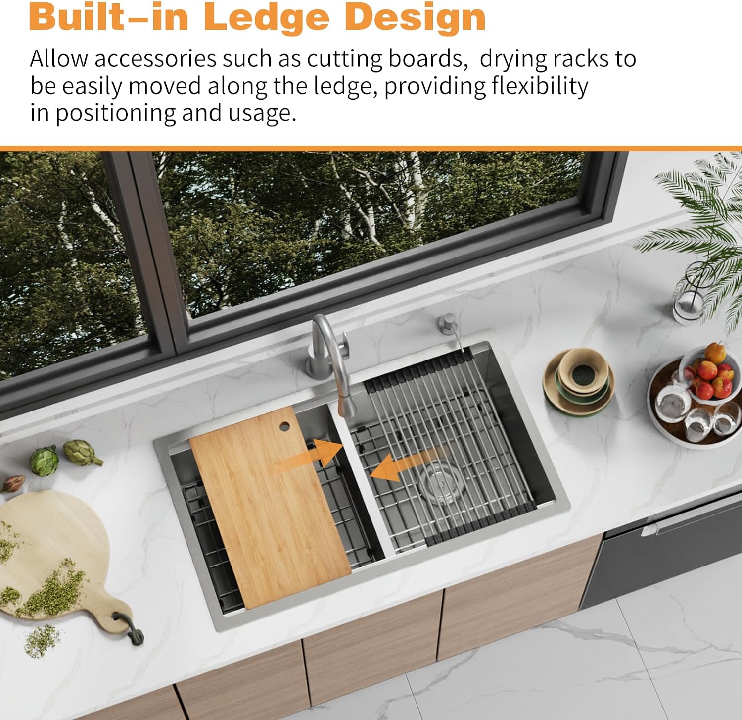33'x19' Kitchen Sink Workstation - 50/50 Double Bowl Stainless Steel Undermount Kitchen Sink Built-in Ledge Drop In Workstation Sink For Placing/Sliding Accessories-Cutting Board,Drying Rack