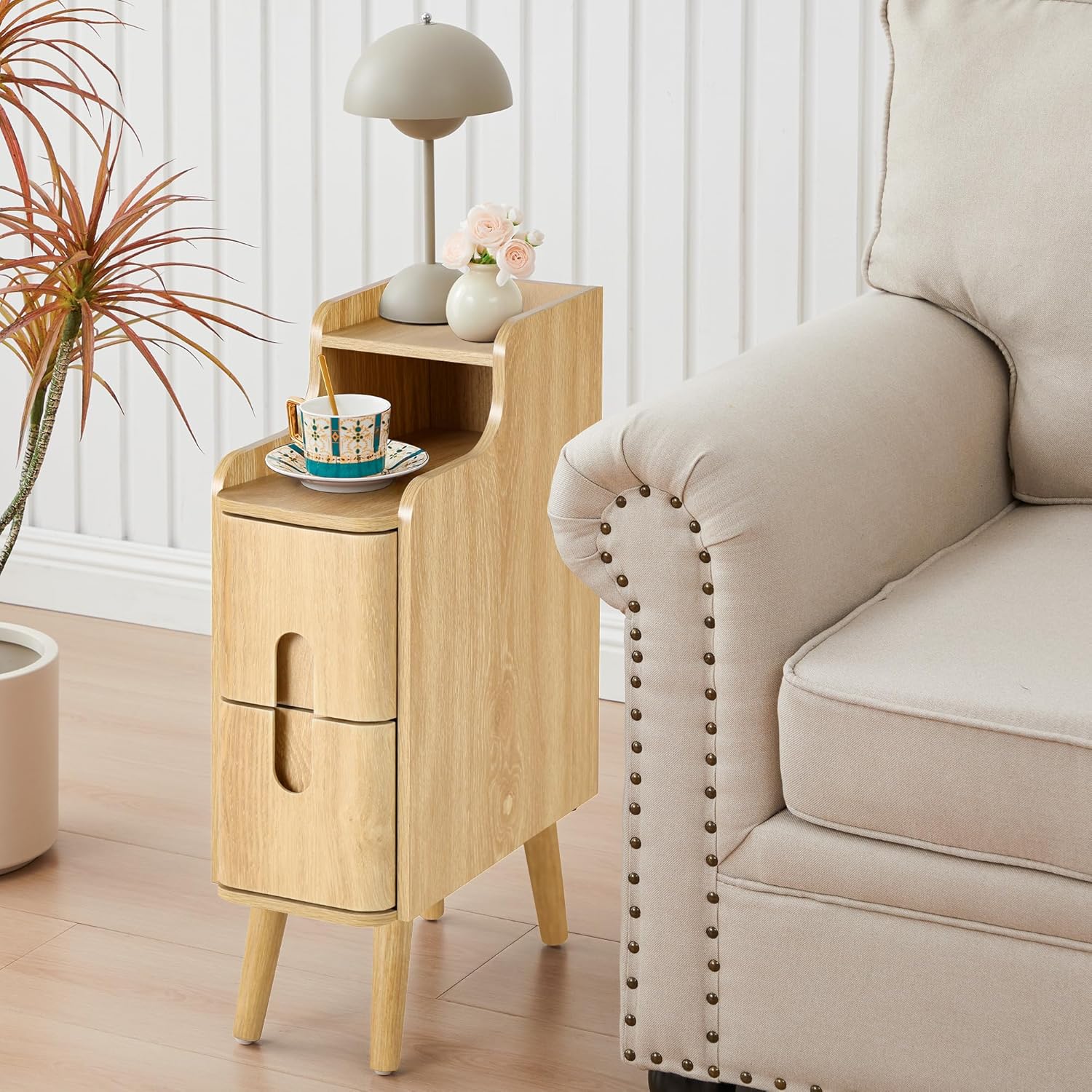 Small Nightstand Set of 2, Wood 2 Drawer Narrow Nightstand, Slim Side Table, Modern Skinny End Bedside Table, Natural Wood Night Stand with Drawers for Bedroom (Natural-2 pcs)