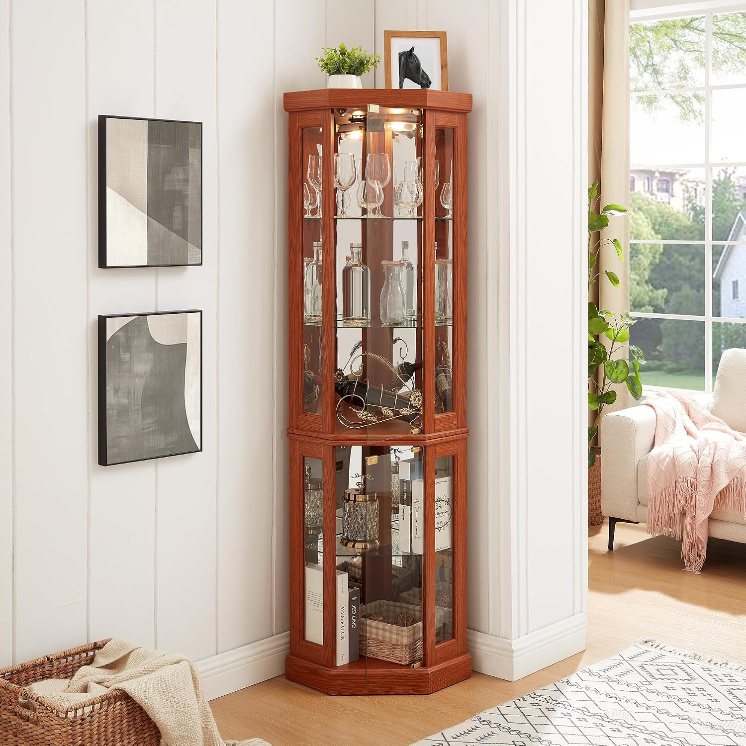 69' H Lighted Corner Curio Cabinet, 5-Tier Curio Glass Display Cabinet w/Glass Door & Adjustable Shelves, Wooden Display Showcase Corner Storage Cabinet for Living Room(Dark Oak)