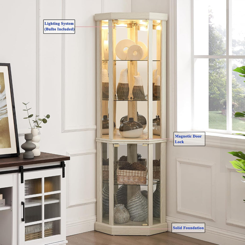 69' H Lighted Corner Display Cabinet, Curio Corner Glass Cabinet w/Adjustable Shelves & Glass Door, 5-Tier Wooden Storage Display Case w/Mirrored Back Pane for Living Room (Antique White)