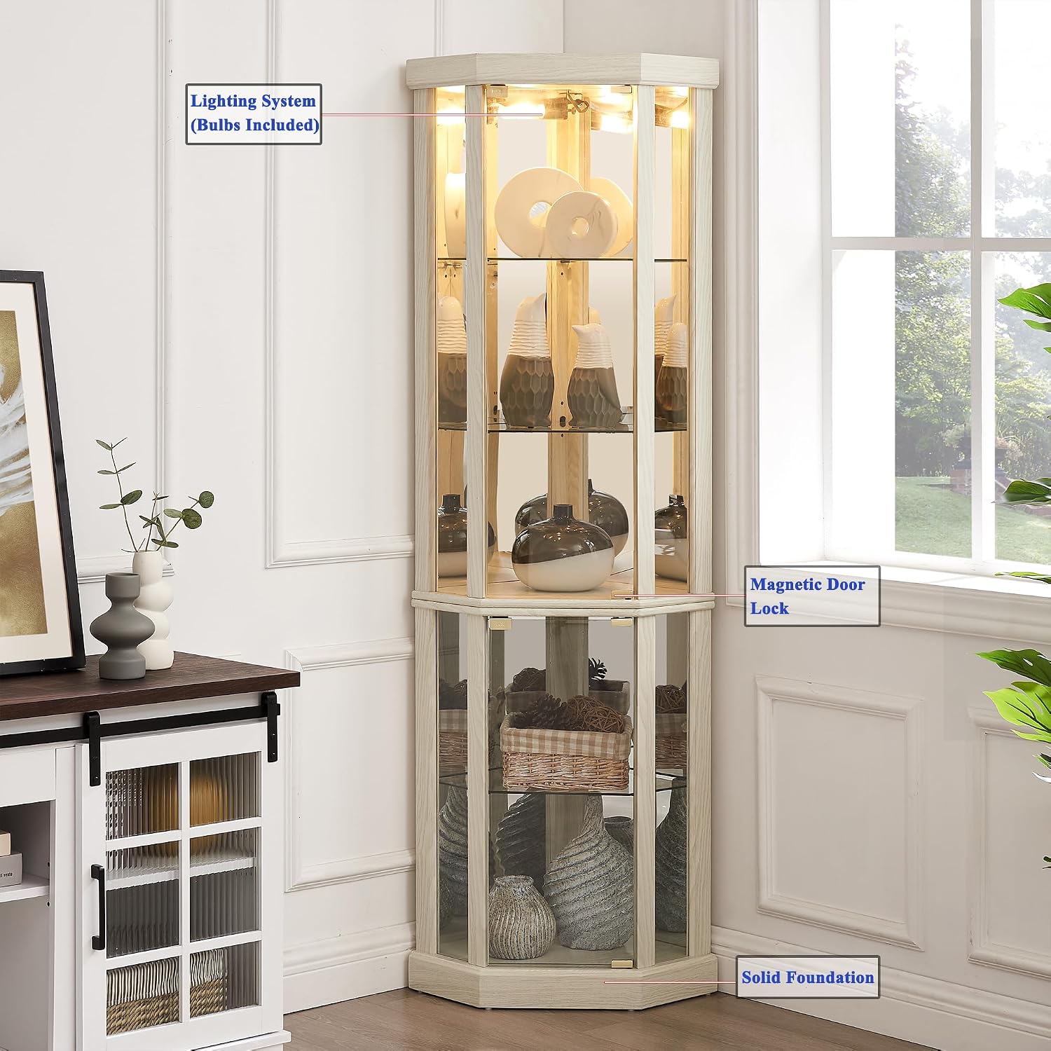 69' H Lighted Corner Display Cabinet, Curio Corner Glass Cabinet w/Adjustable Shelves & Glass Door, 5-Tier Wooden Storage Display Case w/Mirrored Back Pane for Living Room (Antique White)