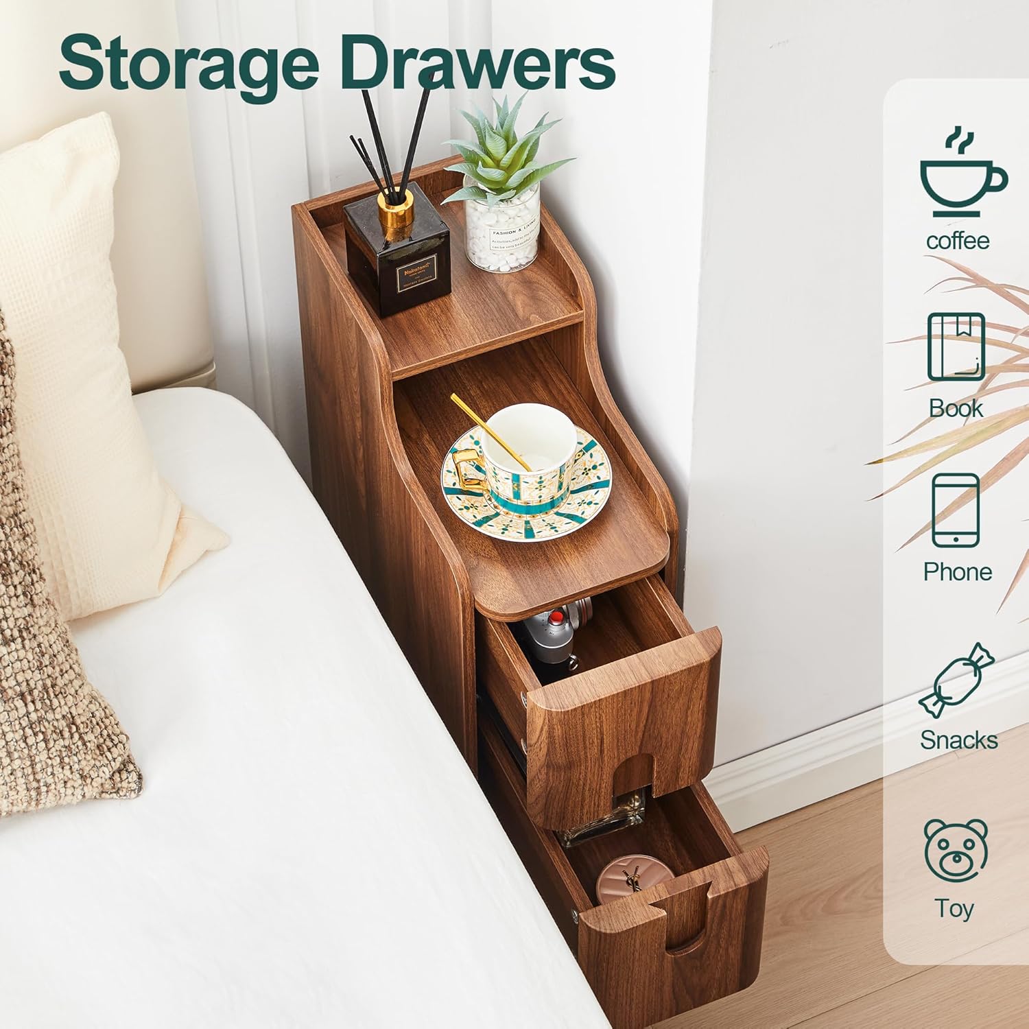 Narrow Nightstand Set of 2, Wood 2 Drawer Small Nightstand, Slim Side Table, Modern Skinny End Bedside Table, Natural Wood Night Stand with Drawers for Bedroom (Walnut-2 pcs)