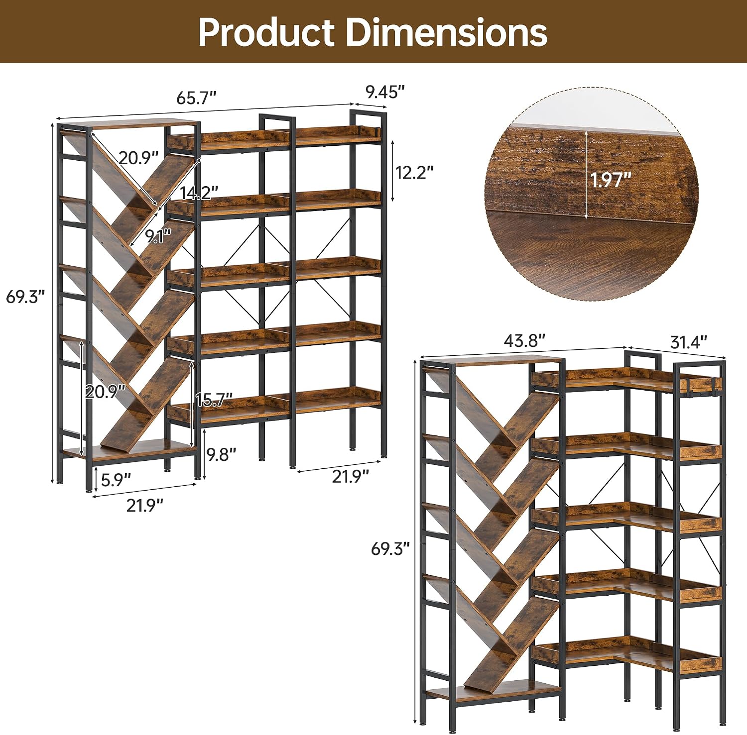 5 Tier Book Shelf, Reversible Corner Bookcase with Hooks, Large Bookshelf with Baffles & Open Display Shelves Storage, Wood L Shaped Book Case with Metal Frame for Living Room Home Office