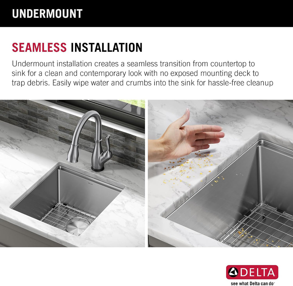 DELTA FAUCET Lorelai 17-inch Workstation Bar Prep Kitchen Sink Undermount 16 Gauge Stainless Steel Single Bowl with WorkFlow Ledge and Kit of 5 Accessories, 95B9032-17S-SS