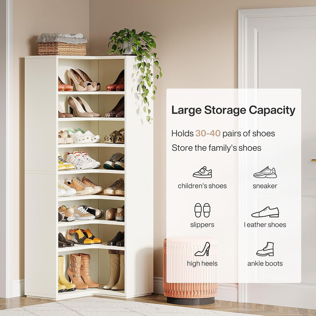 Tribesigns Corner Shoe Rack for Closet, 9-Tier Modern Corner Shelf Organizer, Large Wood Storage Shelf for Shoes, Holds up to 45 Pairs, White (1PC)