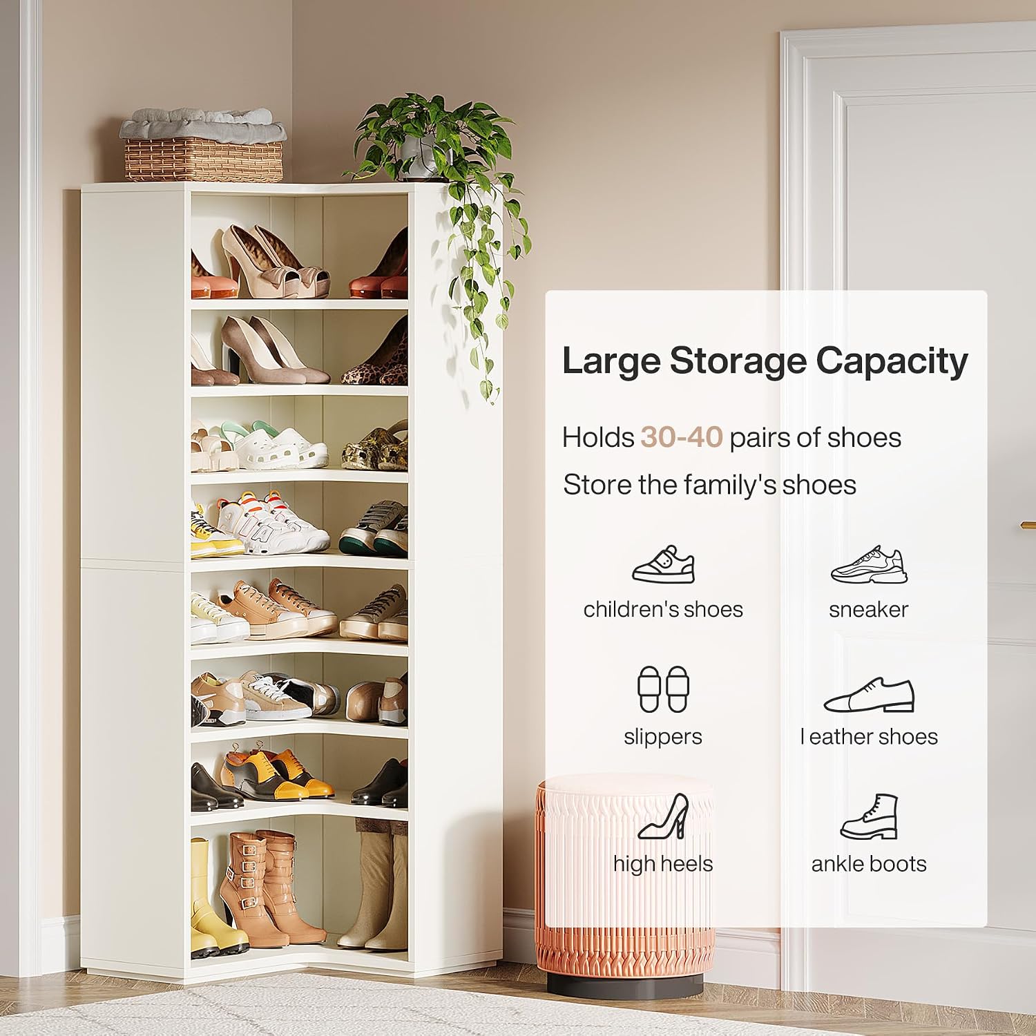 Tribesigns Corner Shoe Rack for Closet, 9-Tier Modern Corner Shelf Organizer, Large Wood Storage Shelf for Shoes, Holds up to 45 Pairs, White (1PC)