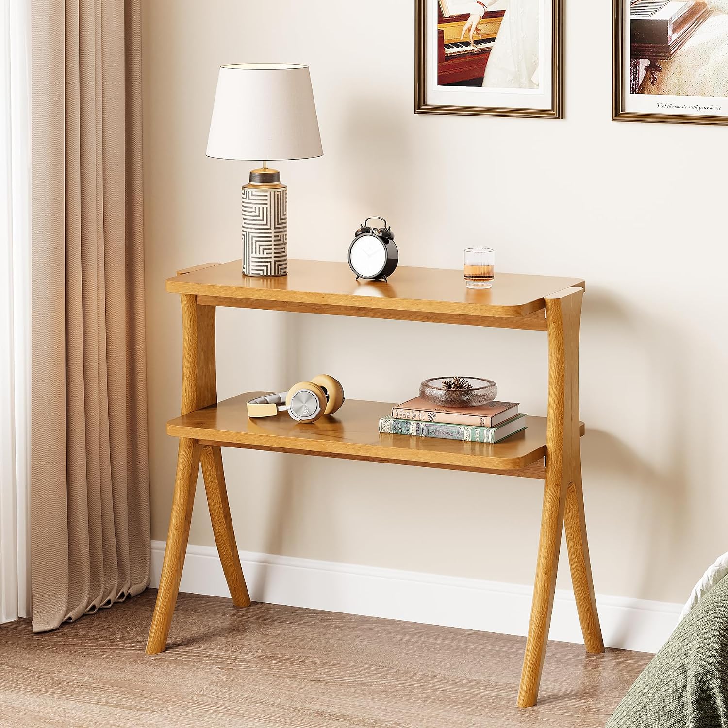 Tribesigns Narrow Side Table Set of 2, Farmhouse End Table with 2-Tier Storage Shelf and Solid Wood Legs, Slim Modern Bedside Table Nightstand for Bedroom, Living Room, Small Spaces, Brown(2)
