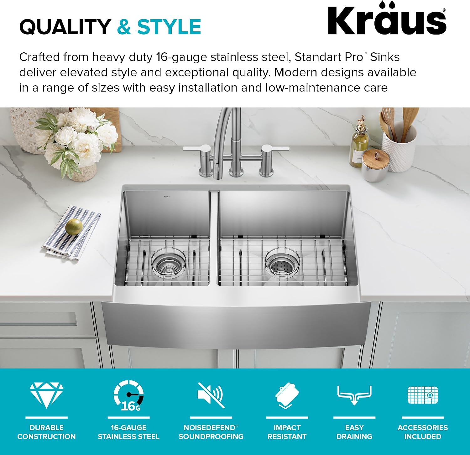 Kraus KHF204-33 Standart PRO Kitchen Stainless Steel Sink, 16 Gauge, 33' Undermount Round Apron 40/60 Double Bowl Kitchen Sink