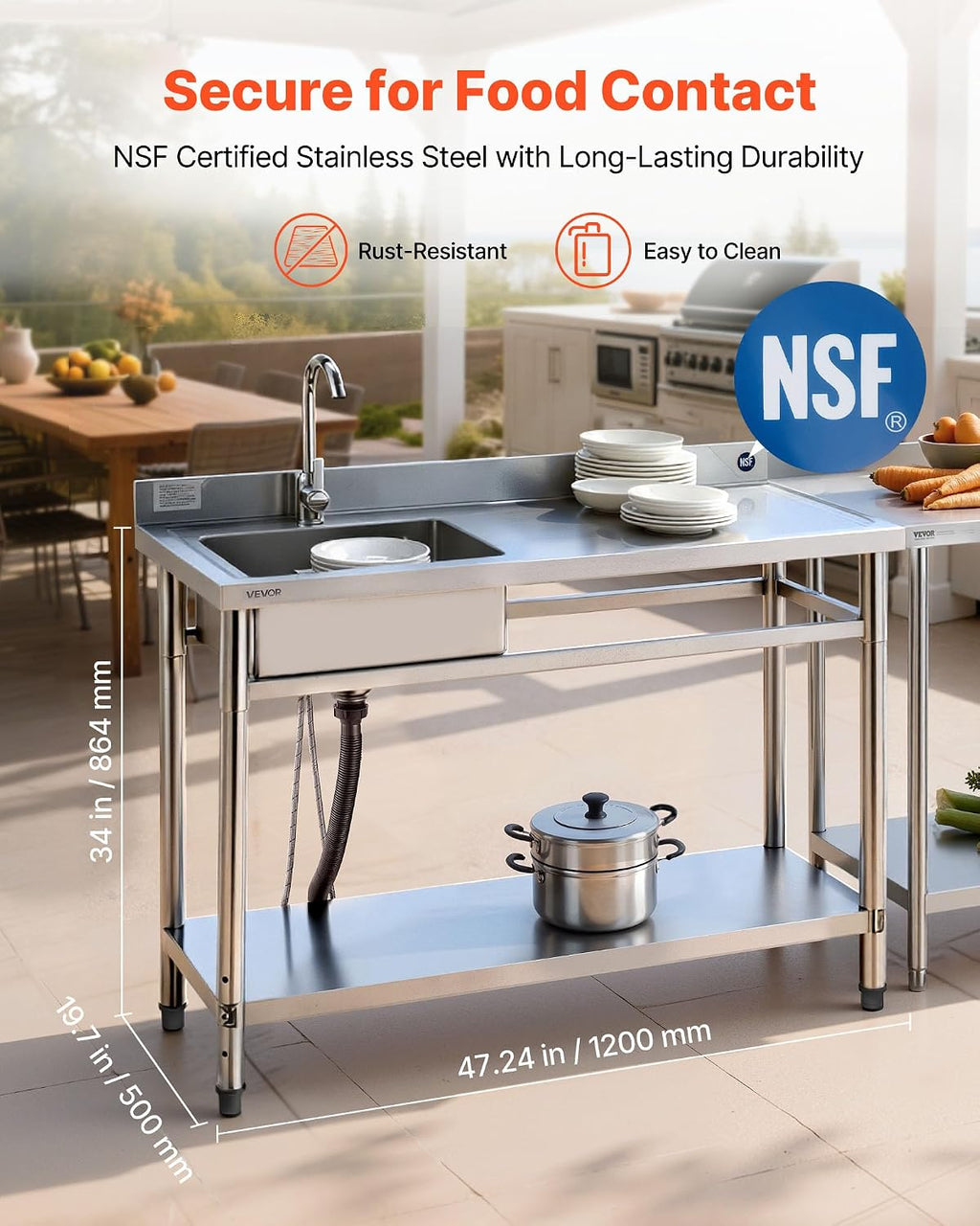 VEVOR Stainless Steel Utility Sink, Free Standing Single Bowl Commercial Kitchen Sink with Faucet, Utility Right Basin Workbench with Hot & Cold Water Pipe for Garage Restaurant Laundry, 47x19.7x37 in