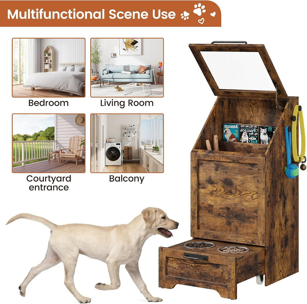 Dog Feeding Station with 2 Elevated Bowls, Pet Feeding Station,Flip Top Dog Food Storage Cabinet, Food Storage Container,Pet Toy Organizer,Modern Organizer,Brown
