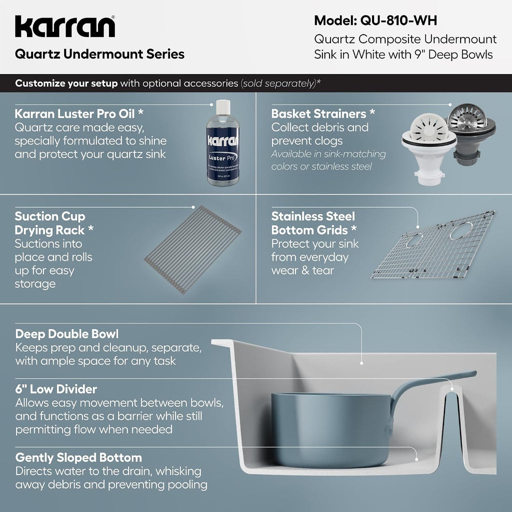 Karran 32' White Quartz Composite Undermount Double Bowl Kitchen Sink with Low Divider – 50/50 Equal Bowl, 535°F Heat Resistant, Sound Dampening, QU-810