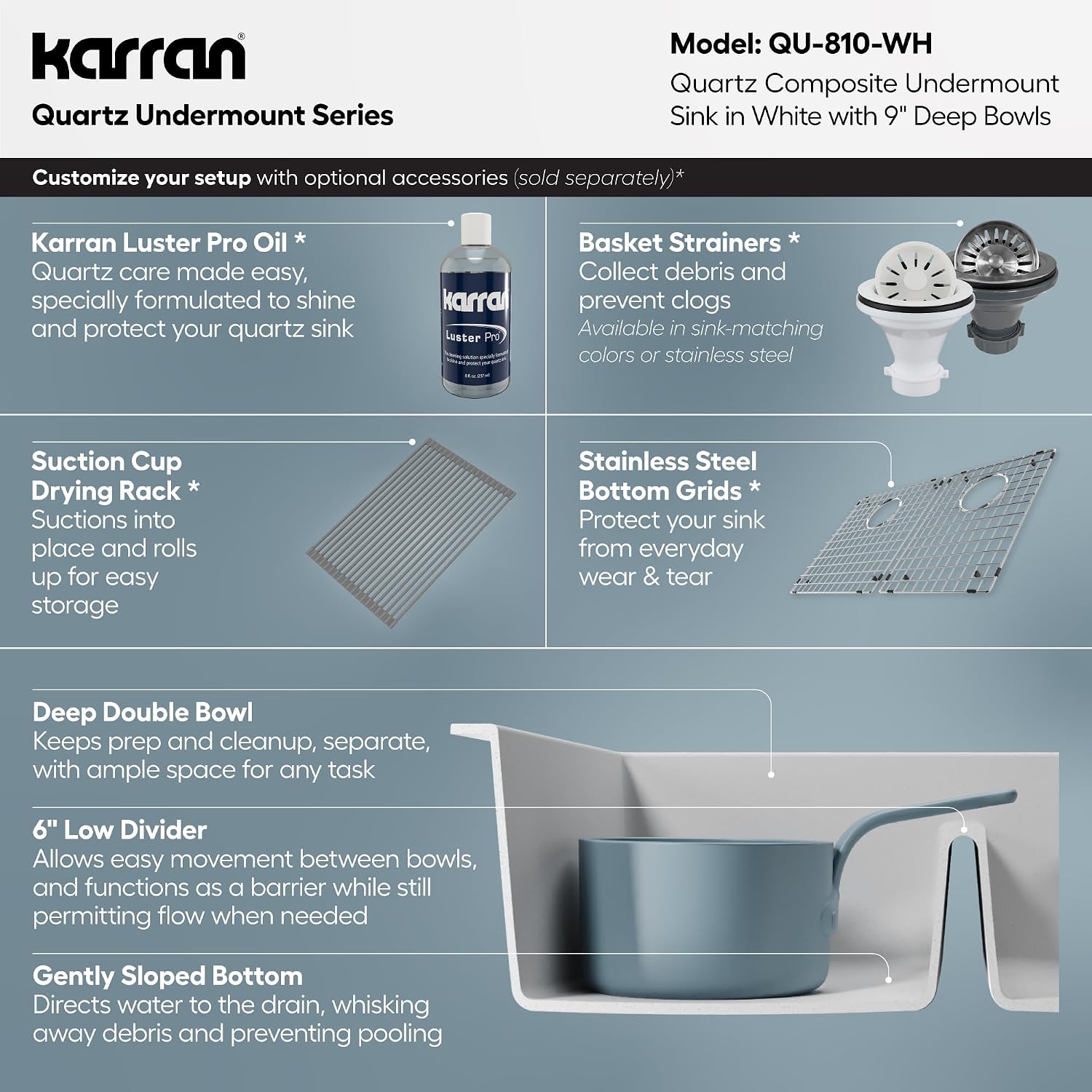 Karran 32' White Quartz Composite Undermount Double Bowl Kitchen Sink with Low Divider – 50/50 Equal Bowl, 535°F Heat Resistant, Sound Dampening, QU-810