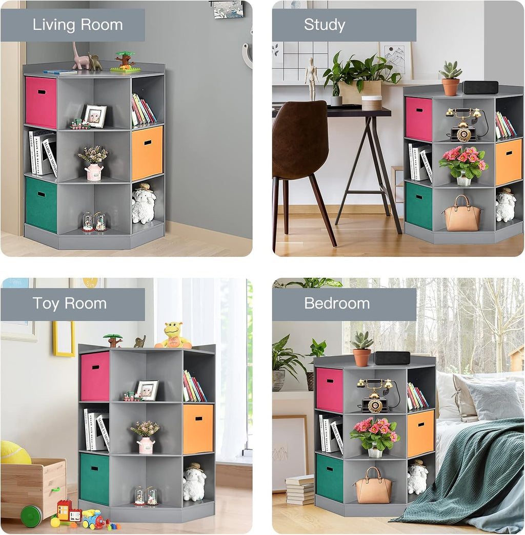 Costzon 9-Cubby Kids Bookcase with Extra Large Storage Baskets, Multi-Bin Children's Organizer Shelf with 6 Cubes and 3 Shelves, Wooden Storage Sideboard Suitable for Playroom, Decor Room (Gray)