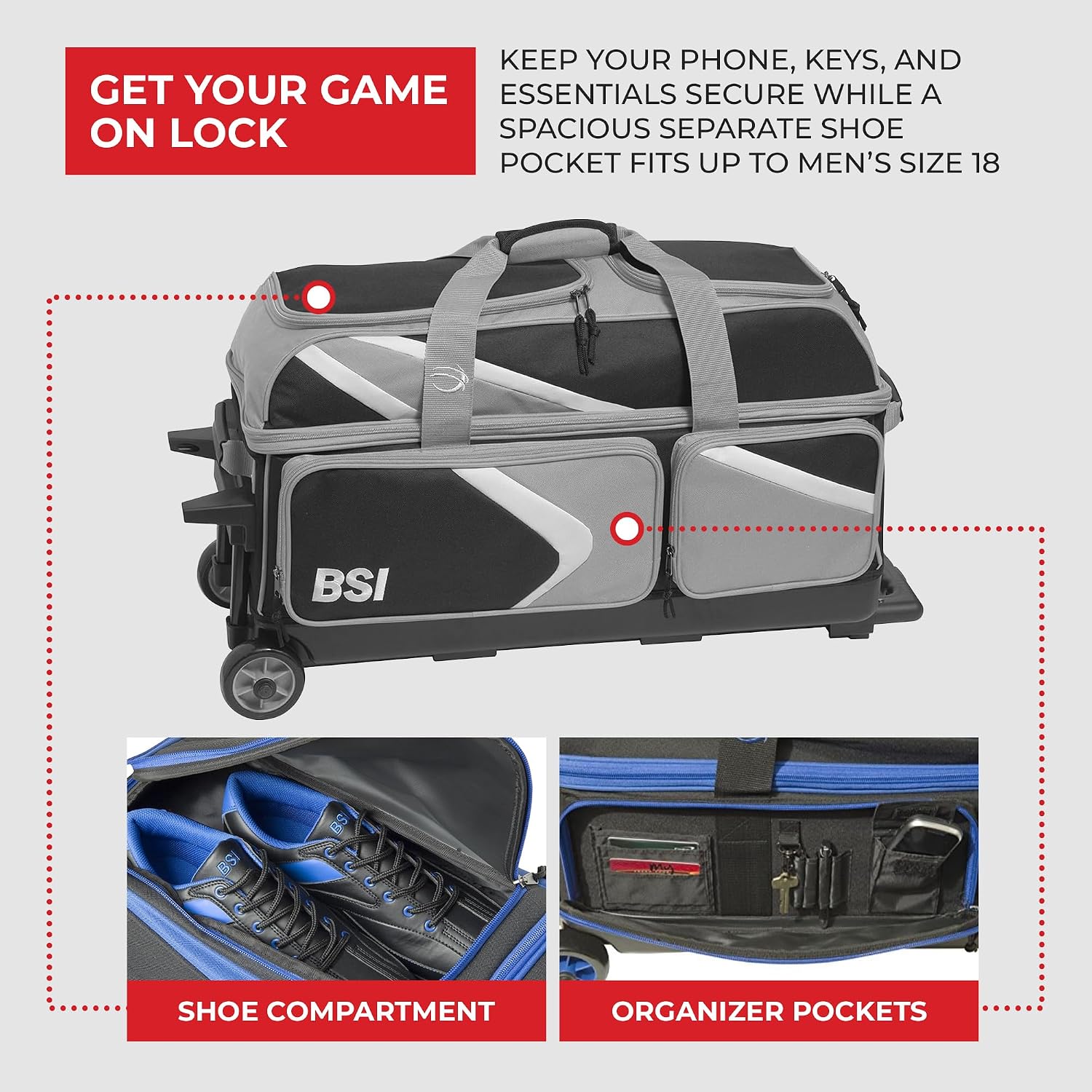 BSI Dash Roller Bowling Bag with Smooth Rolling Wheels, Padded Ball Compartment, Retractable Locking Handle, & Shoe Pocket