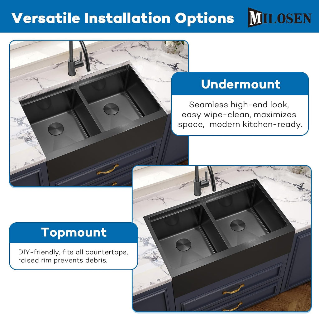 MILOSEN 28 Inch Black Farmhouse Kitchen Sink, 28''x22'' Drop in Black Stainless Steel Workstation Apron Front Sink with Ledge & Accessories, Double Bowl Farm Sinks, 10'' Large and Deep Handmade Sinks