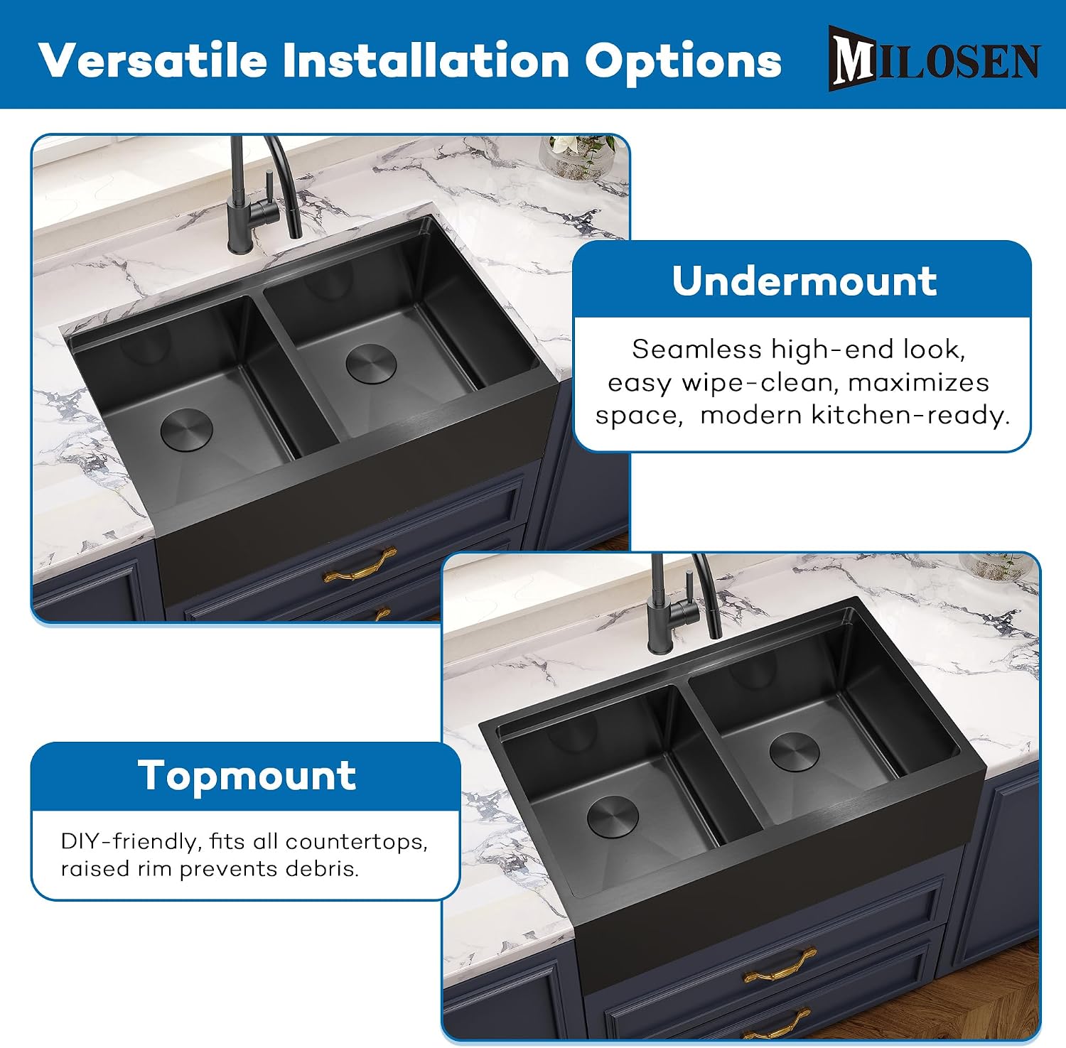 MILOSEN 30 Inch Black Farmhouse Kitchen Sink, 30''x22'' Drop in Black Stainless Steel Workstation Apron Front Sink with Ledge & Accessories, Double Bowl Farm Sinks, 10'' Large and Deep Handmade Sinks