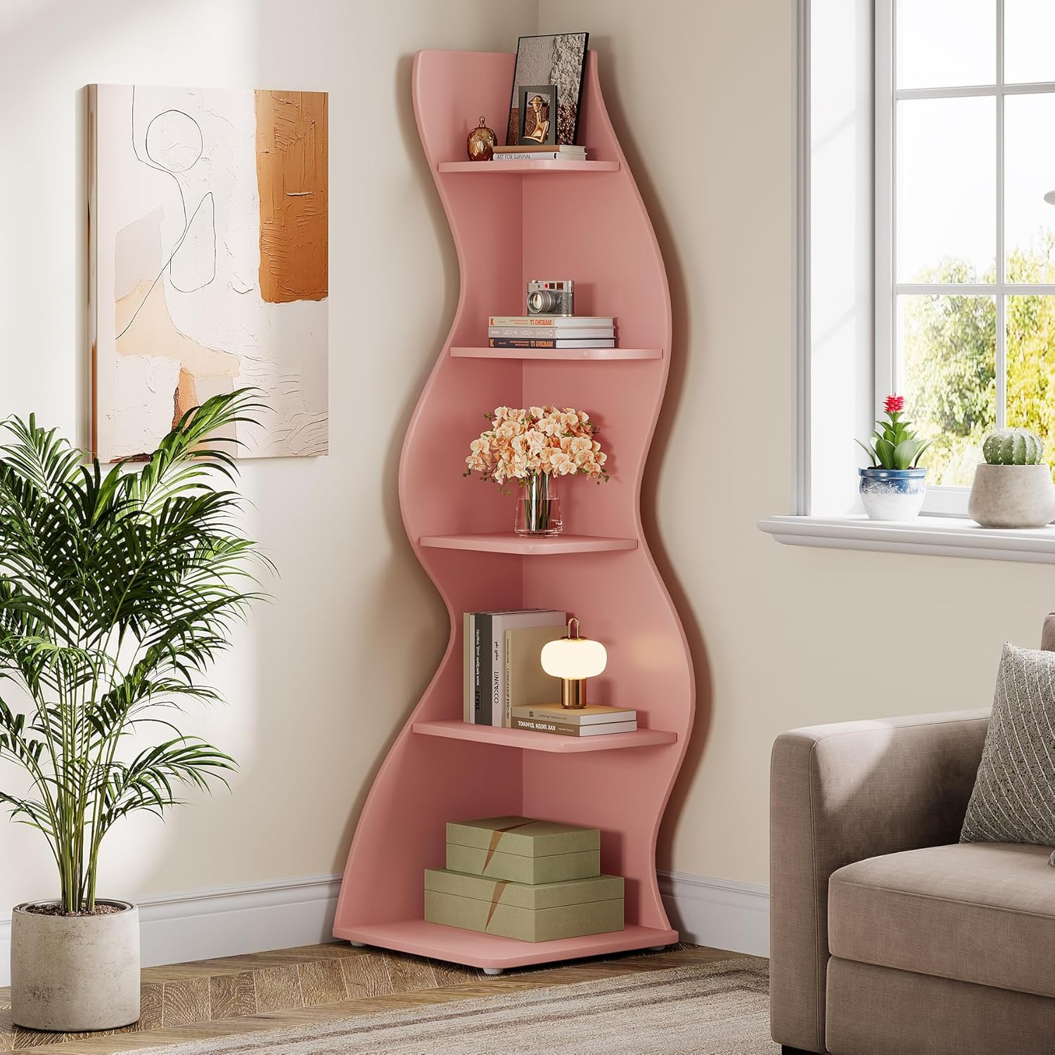 Tribesigns Wavy Corner Shelf, Modern 5-Tier Bookshelf Bookcase with Curvy Shape, Unique Plant Stand Display Rack for Living Room Small Space (Pink)