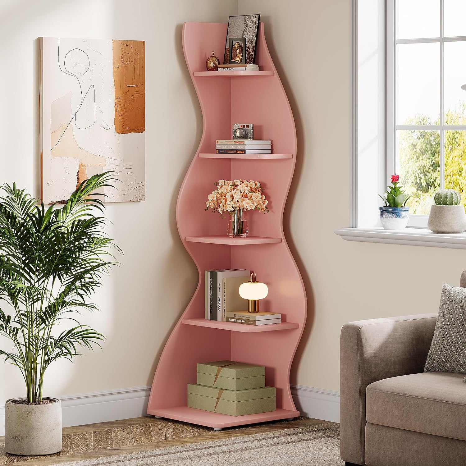 Tribesigns Wavy Corner Shelf Set of 2, Modern 5-Tier Bookshelf Etagere Bookcase with Curvy Shape, Unique Plant Stand Display Shelf for Living Room Small Space (Pink)