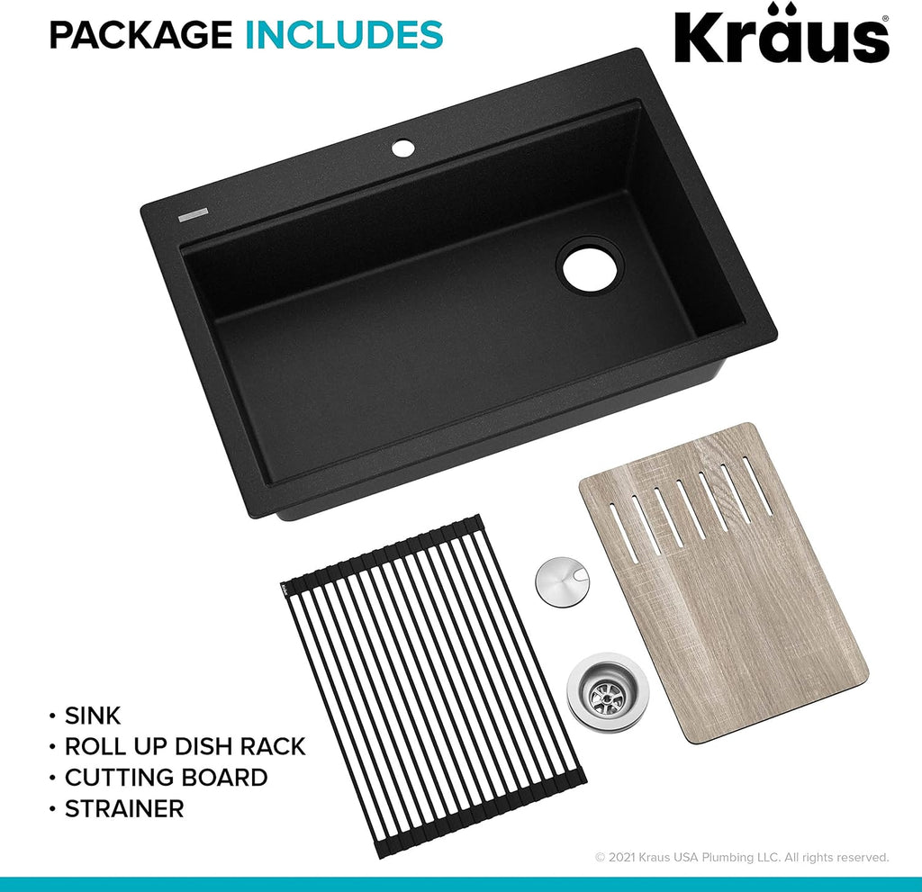 KRAUS Bellucci Workstation 33' Single Bowl Granite Kitchen Sink in Metallic Black w/Accessories, KGTW2-33MBL, Includes Dish Drainer/Dish Drying Rack
