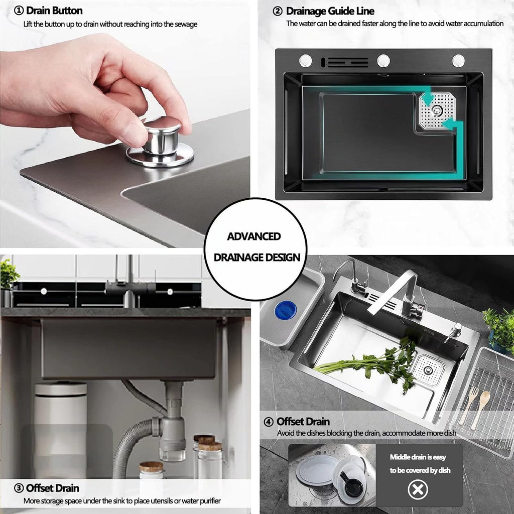 Modular Kitchen Sink Corner Drain, Workstation Sink Undermount, Stainless Steel Sink for Kitchen Offset Drain, Full Set Accessories Single Bowl Kitchen Sinks with Knife Box
