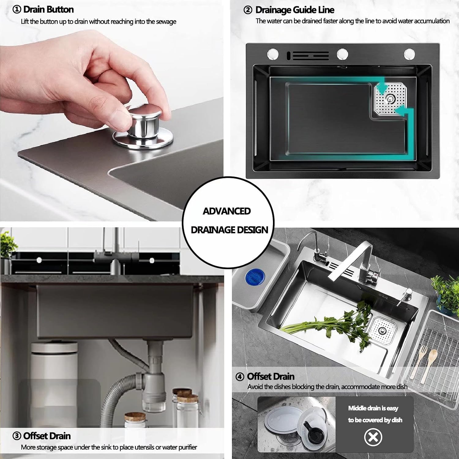 Modular Kitchen Sink Corner Drain, Workstation Sink Undermount, Stainless Steel Sink for Kitchen Offset Drain, Full Set Accessories Single Bowl Kitchen Sinks with Knife Box