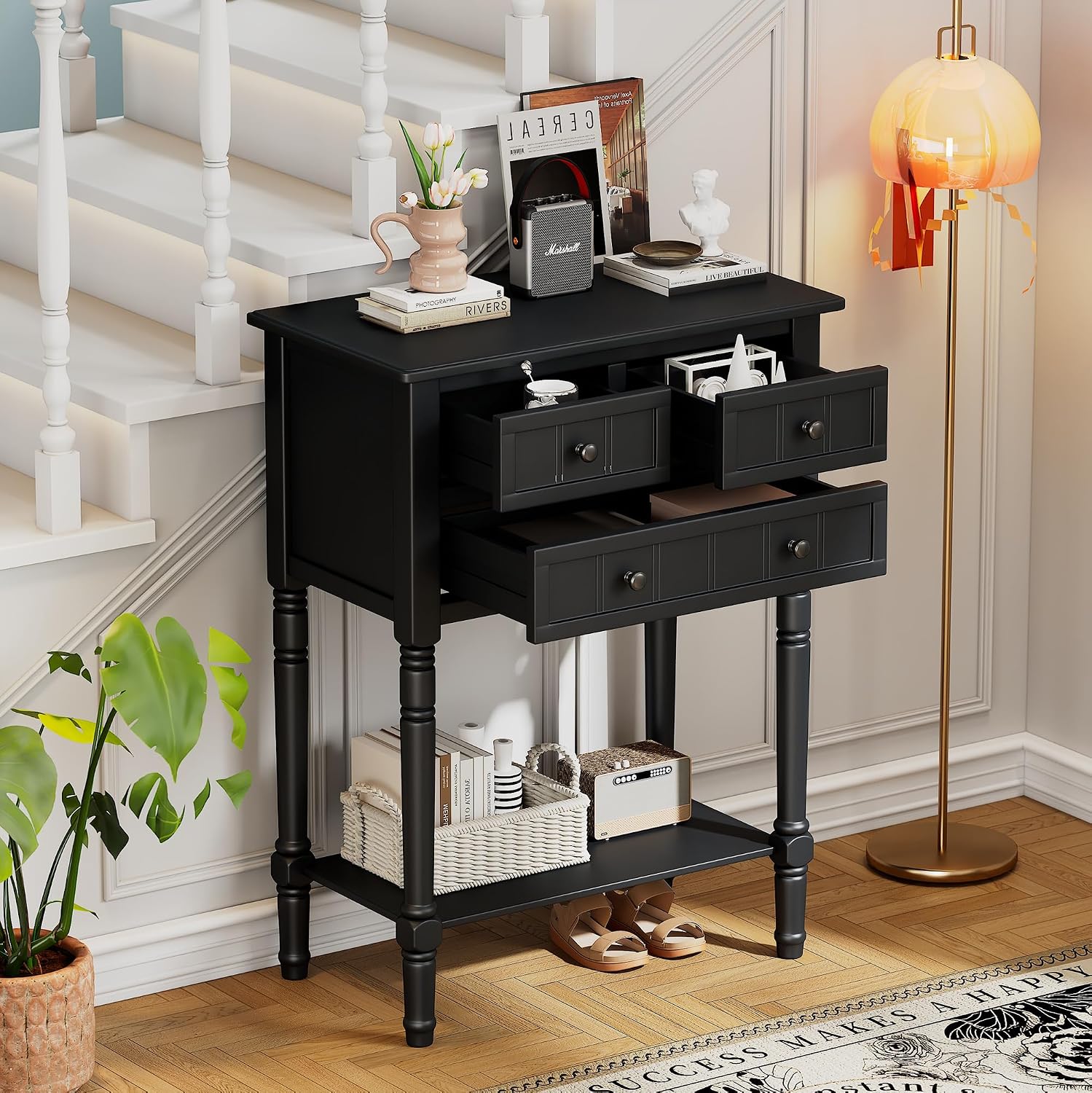 Knocbel Slim Antique Entry Console Table with 3 Drawers & Bottom Open Shelf, Solid Wood Narrow Sofa Couch Table for Entryway Hallway Living Room 23.7' W x 13' D x 31.4' H Black