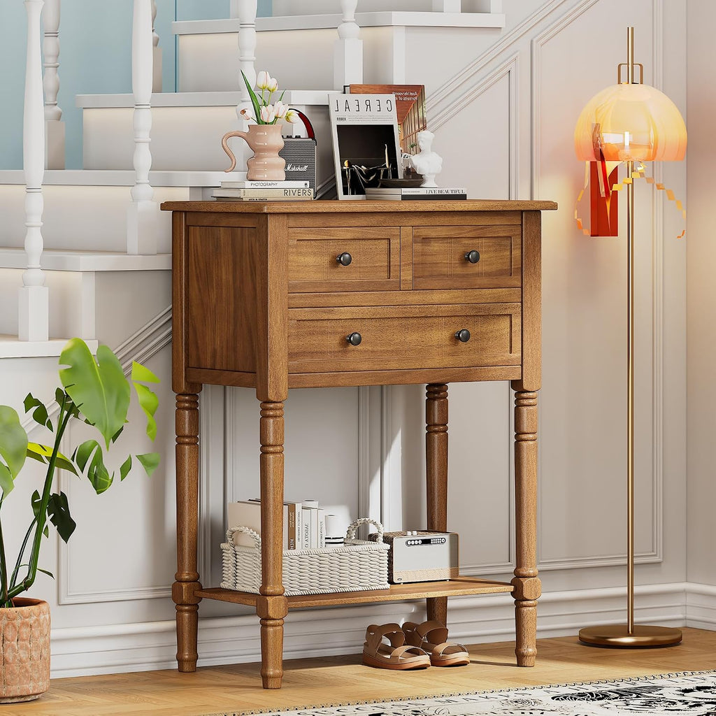 Knocbel Slim Antique Entry Console Table with 3 Drawers & Bottom Open Shelf, Solid Wood Narrow Sofa Couch Table for Entryway Hallway Living Room 23.7' W x 13' D x 31.4' H Natural