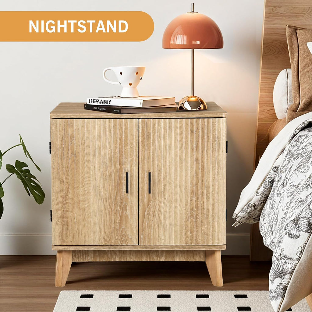 Fluted End Table with Charging Station, Mid Century Modern Nightstand with 2 Doors, Bed Side Table with Storage for Couch,Living Room,Small Spaces, Sofa Side Table for Office,Dorm-Natural