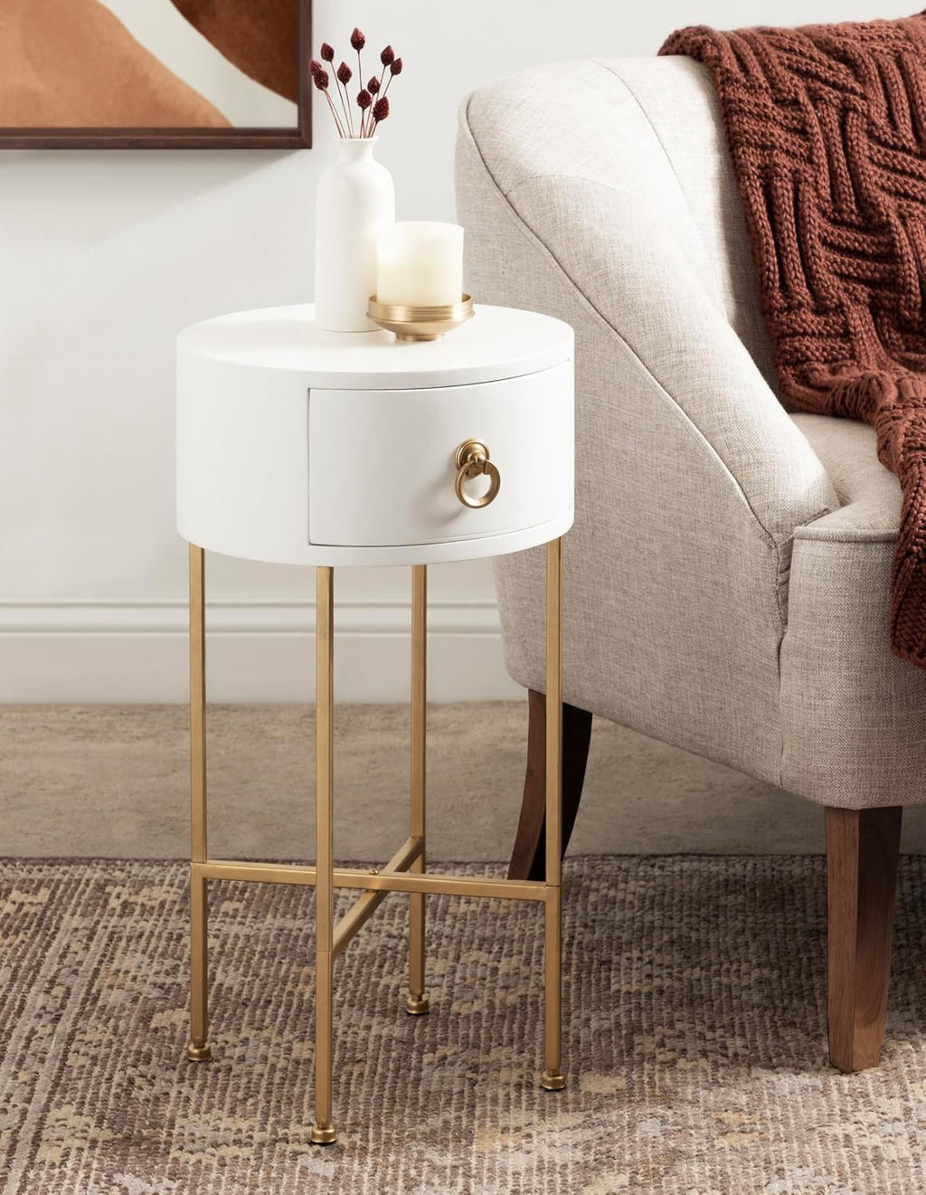 Kate and Laurel Decklyn Decorative Glam Round Side Table; 14 x 14 x 24; White and Gold; Modern Circle Living Room Table with Pull Drawer for Useful Storage