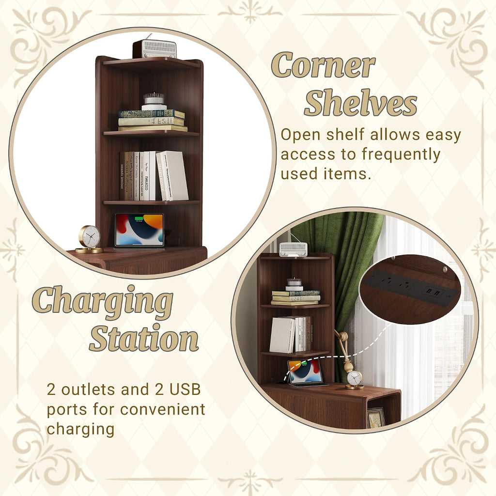 Mirightone Tall End Table with Drawers and Shelves, Narrow Side Table with Charging Station, High Slim Corner Cabinet Bedside Table with Storage Bookcase for Living Room Bedroom, Walnut