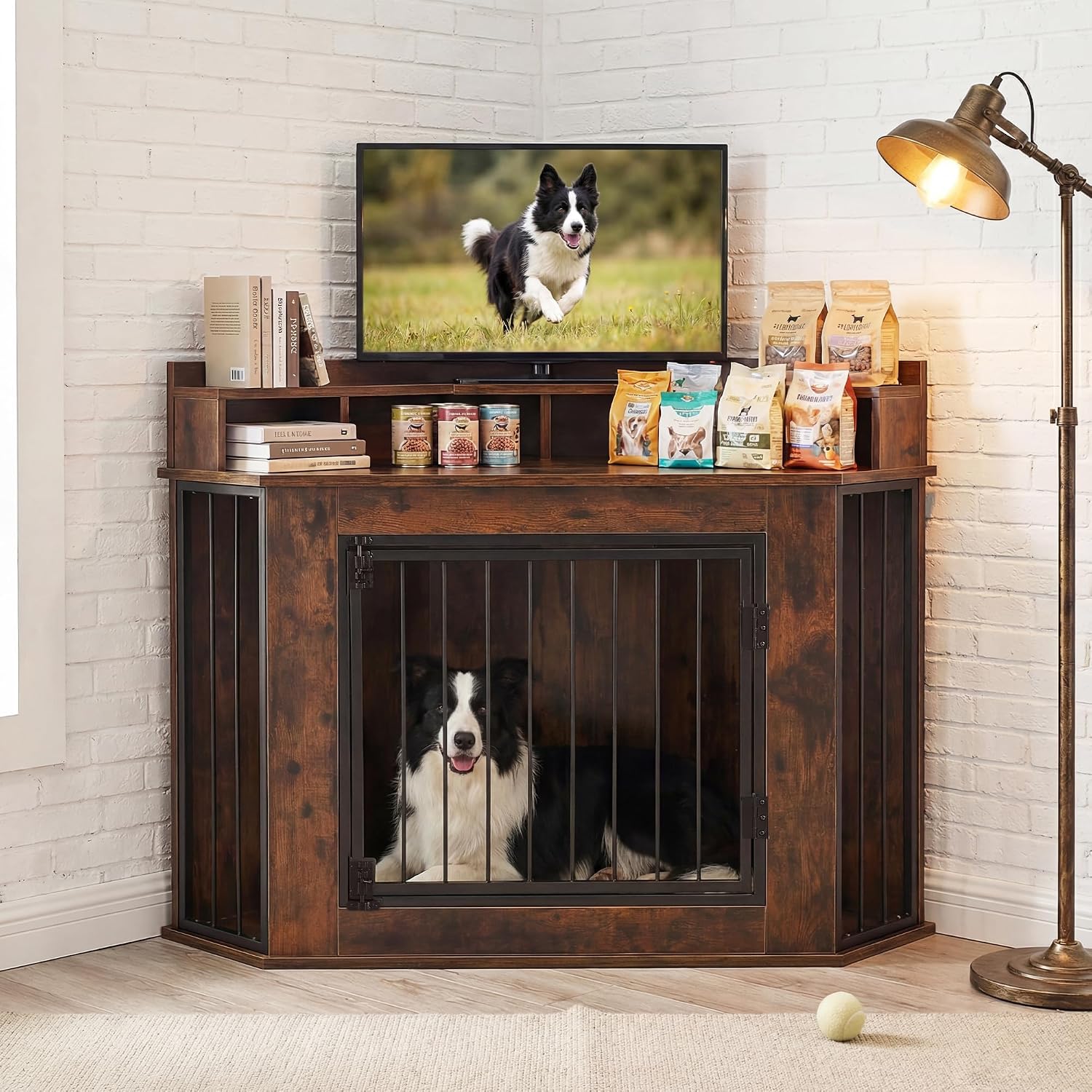 Corner Dog Crate Furniture for Small, Medium Dogs | Heavy Duty Wooden Kennel, 2-Tier Storage Shelves, Anti-Chew Design, Space-Saving, Indoor Use as TV Stand or End Table