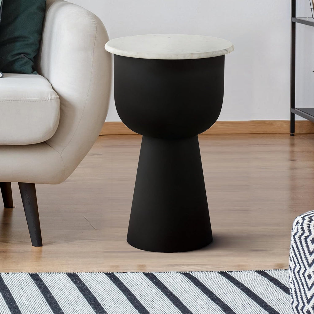 NILA Black Side Table with White Marble Top – 14' Round End Table – Modern Accent Table for Living Room, Bedroom, Bedside Storage – Elegant Small Space Furniture