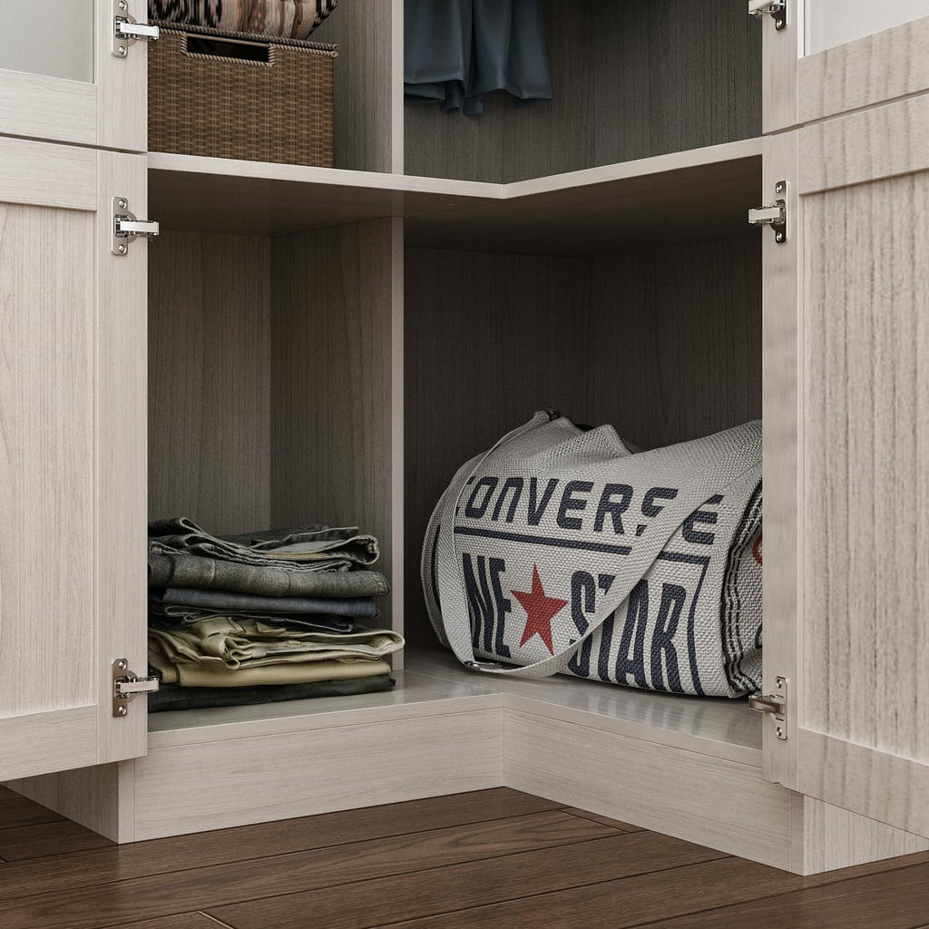 MOUMON Tall Corner Wardrobe, L-Shaped Modern Bedroom Armoires with Frosted Glass Doors and Hanging Rod, Corner Armoire Closet for Clothes Storage, Wood Grain 35.4' W x 35.4' D x 86.6' H