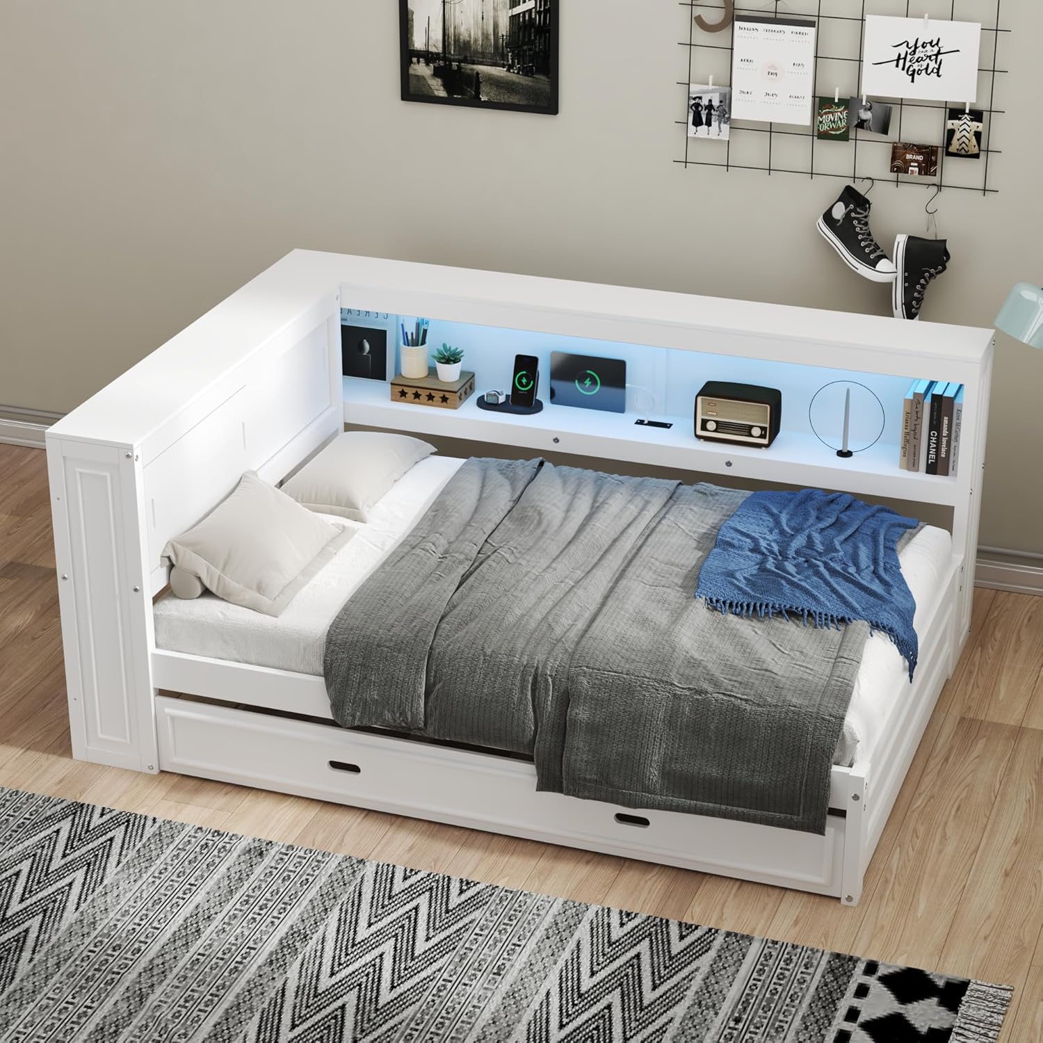 Merax Full Size Wood Daybed with Twin Trundle, L Shaped Wooden Corner Bed Frame with Storage Shelves, USB, Built-in Charging Station, No Box Spring Needed