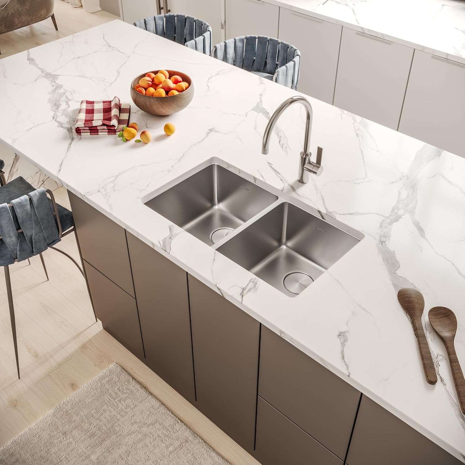 Ruvati 31- inch Undermount Kitchen Sink – 50/50 Double Bowl Kitchen Sink, 16 Gauge T-304 Stainless Steel Sinks, Undermount Sinks with Brushed Finish hides scratches – RVM5099